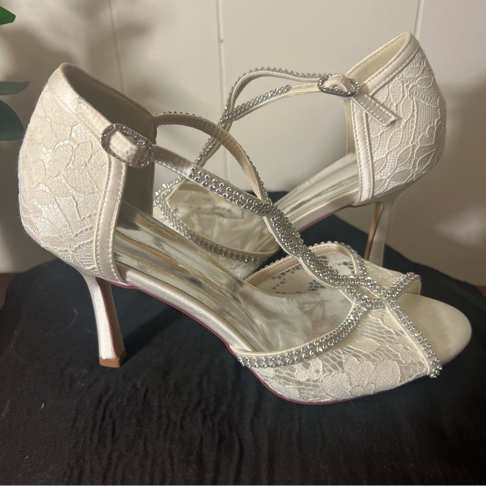 Women's Lace T-Strap Heels with Rhinestone Accents - Ivory